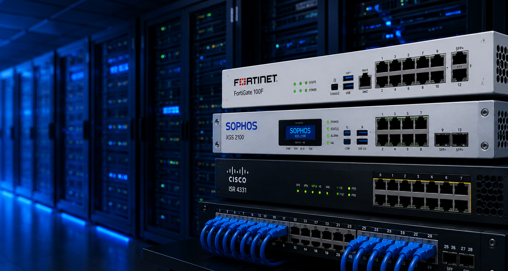 Enterprise firewall appliances from Fortinet, Sophos and Cisco in a server rack