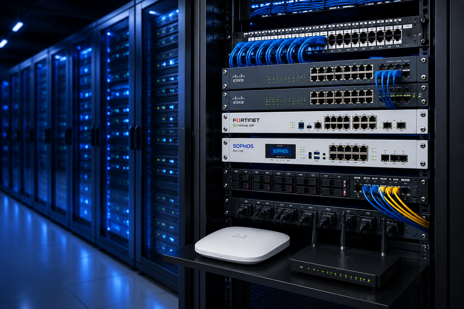 Enterprise networking rack with switches, firewall appliances, access point and router