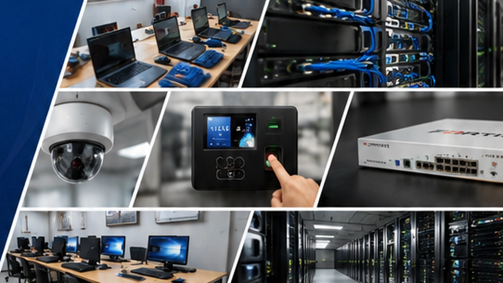 IT infrastructure project collage with laptops, networking, CCTV, biometric, firewall and server room
