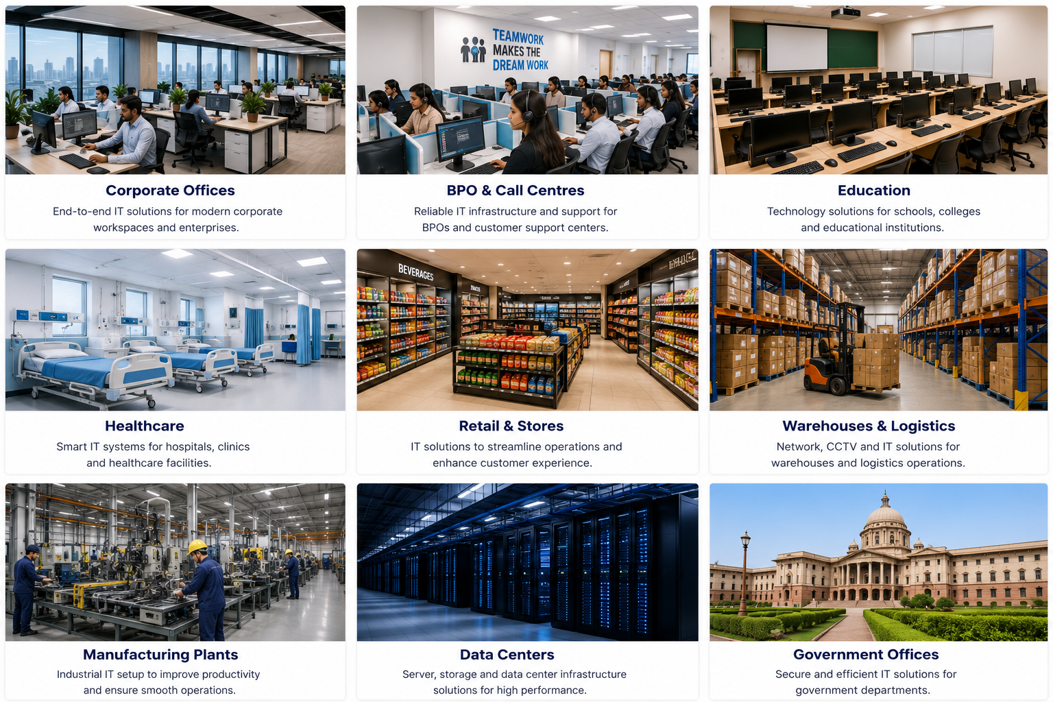 Industries served including corporate offices, BPO and call centres, education, healthcare, retail stores, warehouses, manufacturing plants, data centers and government offices